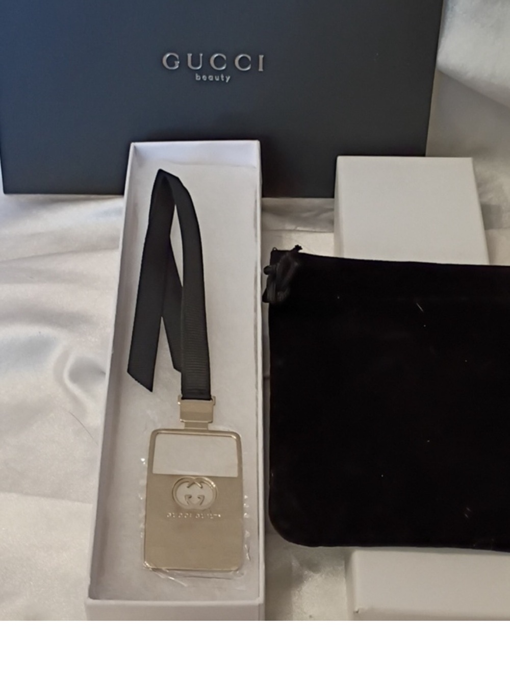 Gucci Beauty Metal Bookmark Tag in Silver with Black Ribbon